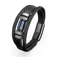 Bracelet multi-rangs homme cuir noir tressé à fermeture magnétique avec pierre naturelle bleue rectangulaire.