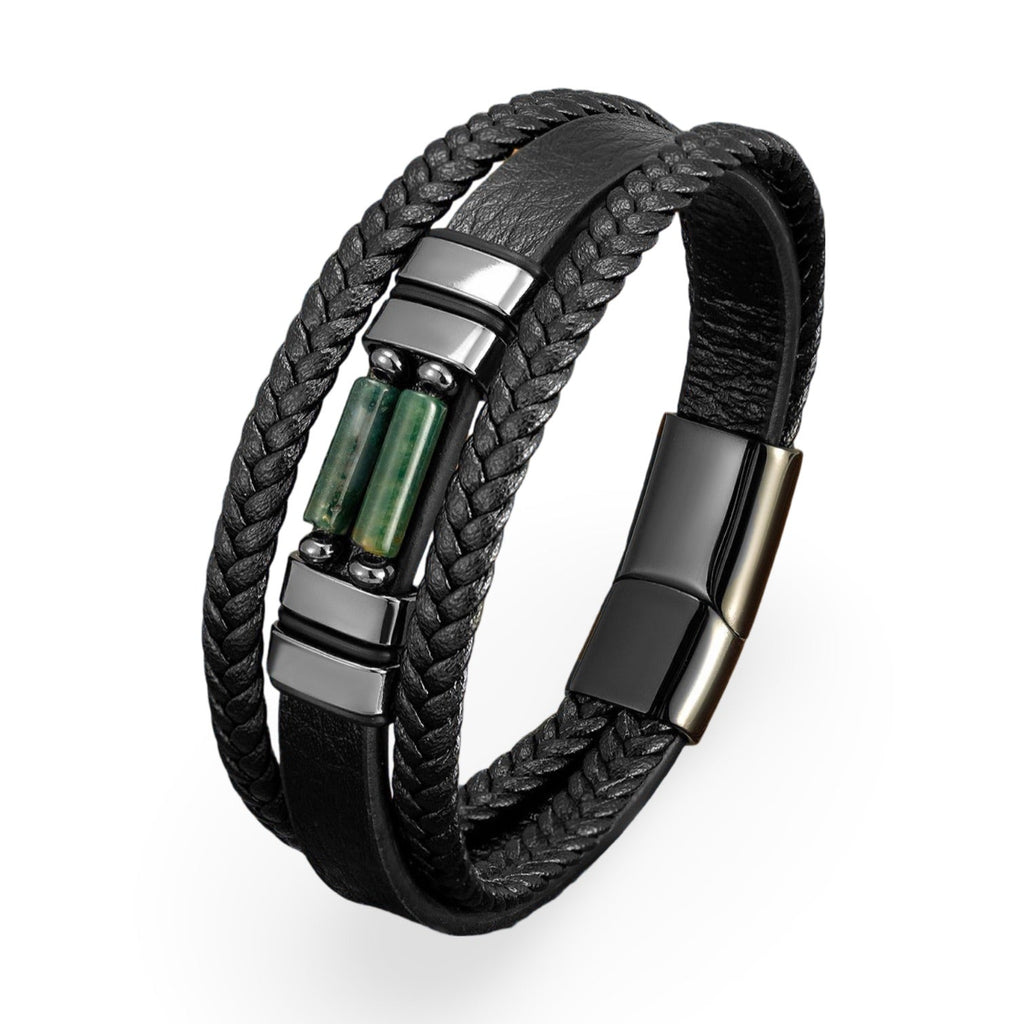 Bracelet multi-rangs homme en cuir noir tressé avec pierre naturelle verte et fermoir métallique noir mat.