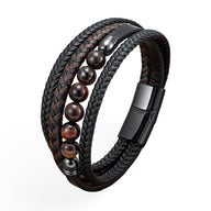 Bracelet multi-rangs homme en cuir tressé noir avec perles œil de tigre et fermoir métallique noir mat.