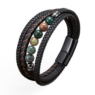 Bracelet multi-rangs homme cuir noir et marron avec perles en pierre naturelle verte et marron, fermoir magnétique noir mat.