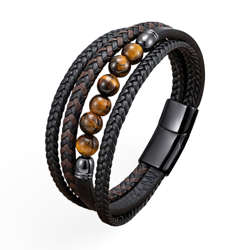 Bracelet multi-rangs homme en cuir tressé noir avec perles œil de tigre et fermoir magnétique noir mat.