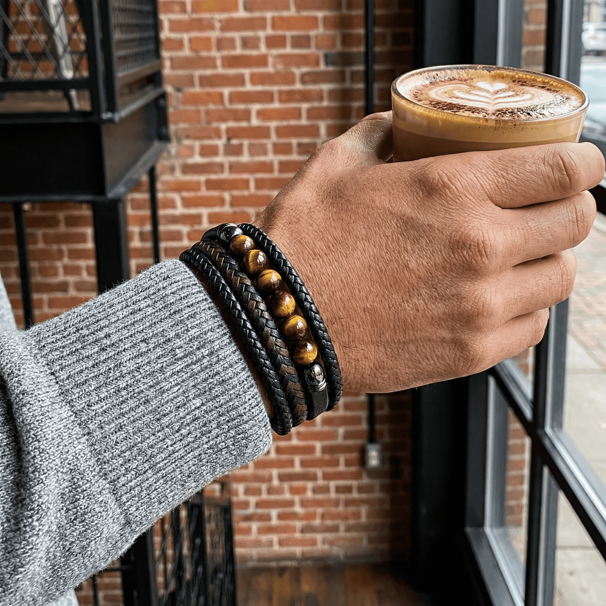 Geflochtenes Multi-Reihen-Armband mit Natursteinen, Magnetverschluss, für Herren, Modell Terro