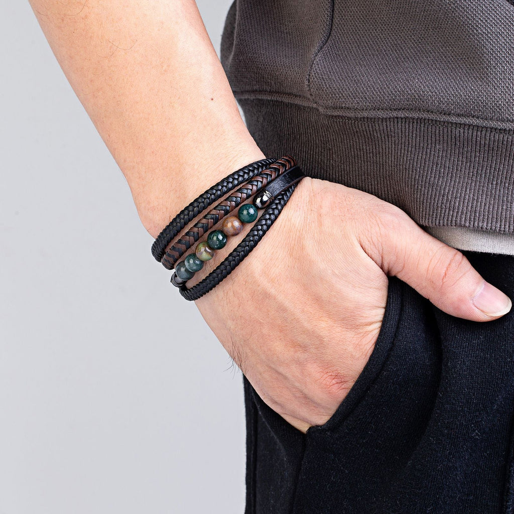 Bracelet multi-rangs homme en cuir noir avec pierres naturelles colorées, design Terro.