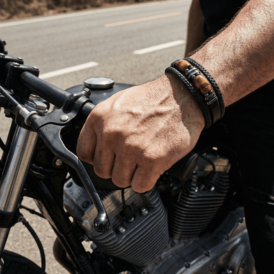 Mehrreihiges Armband aus natürlichem Tigerauge, magnetischer Edelstahlverschluss, für Herren, Modell Raven