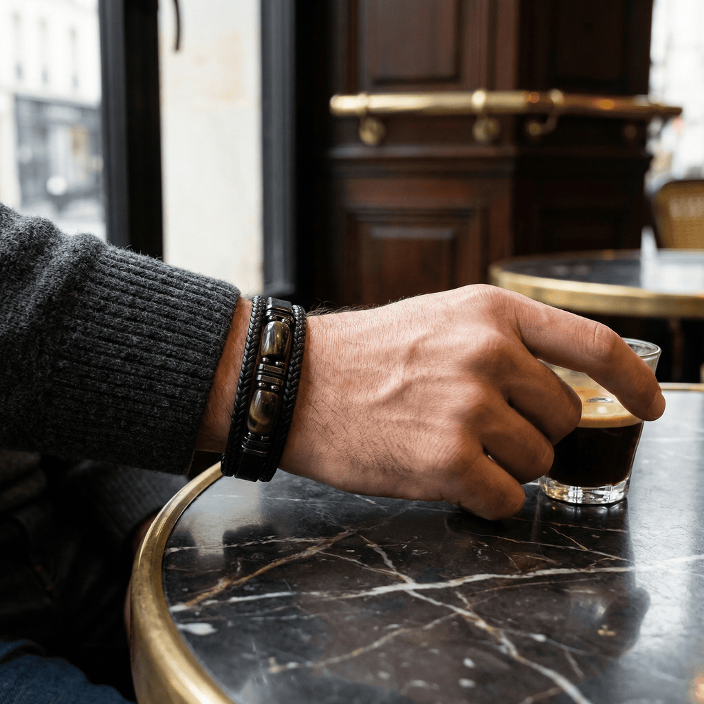 Bracciale multigiro da uomo con pietre occhio di tigre, modello Raven