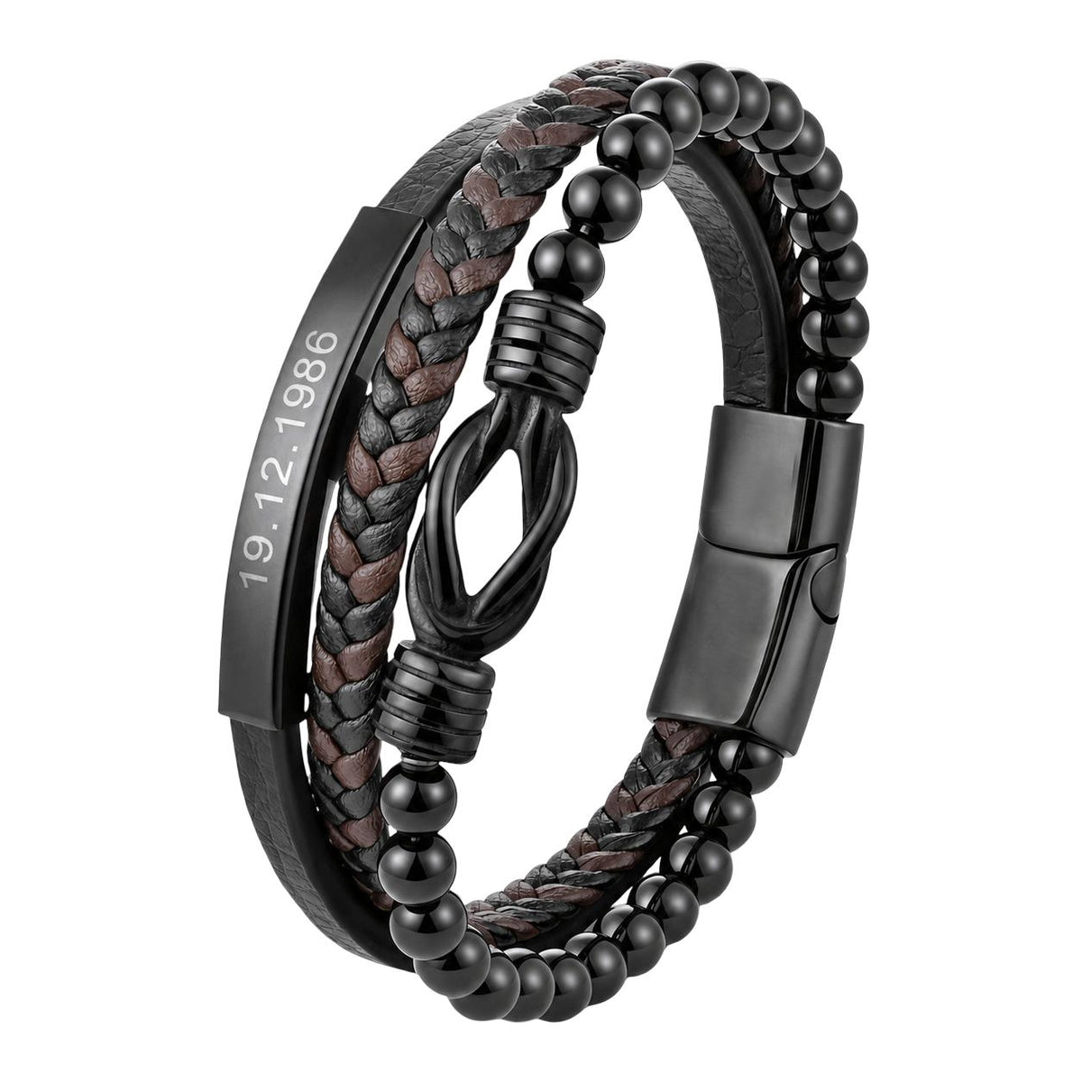 Mehrreihiges Armband aus Natursteinen und geflochtenem Band, Knotenmuster, Magnetverschluss, für Herren, Modell Shelby