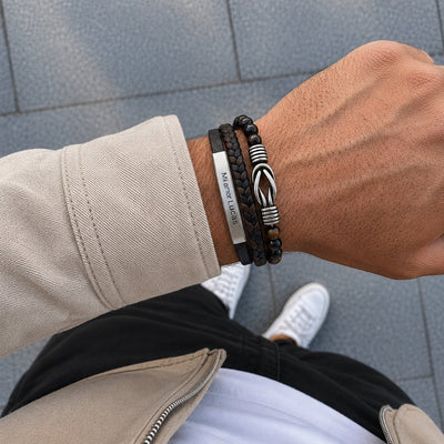 Mehrreihiges Armband aus Natursteinen und geflochtenem Band, Knotenmuster, Magnetverschluss, für Herren, Modell Shelby