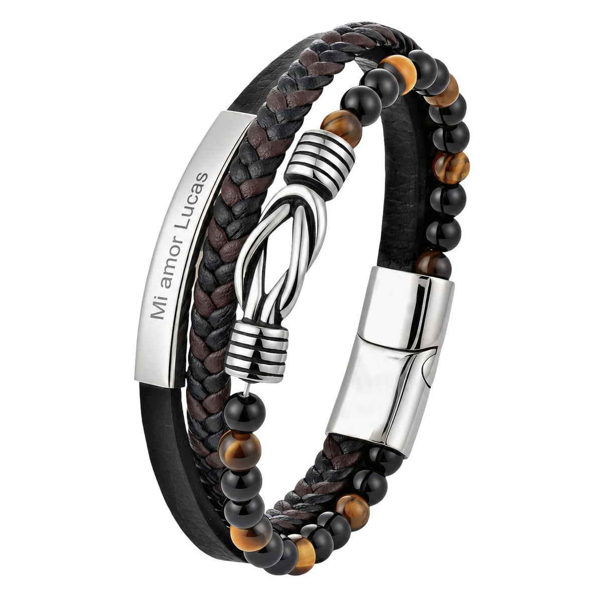 Mehrreihiges Armband aus Natursteinen und geflochtenem Band, Knotenmuster, Magnetverschluss, für Herren, Modell Shelby