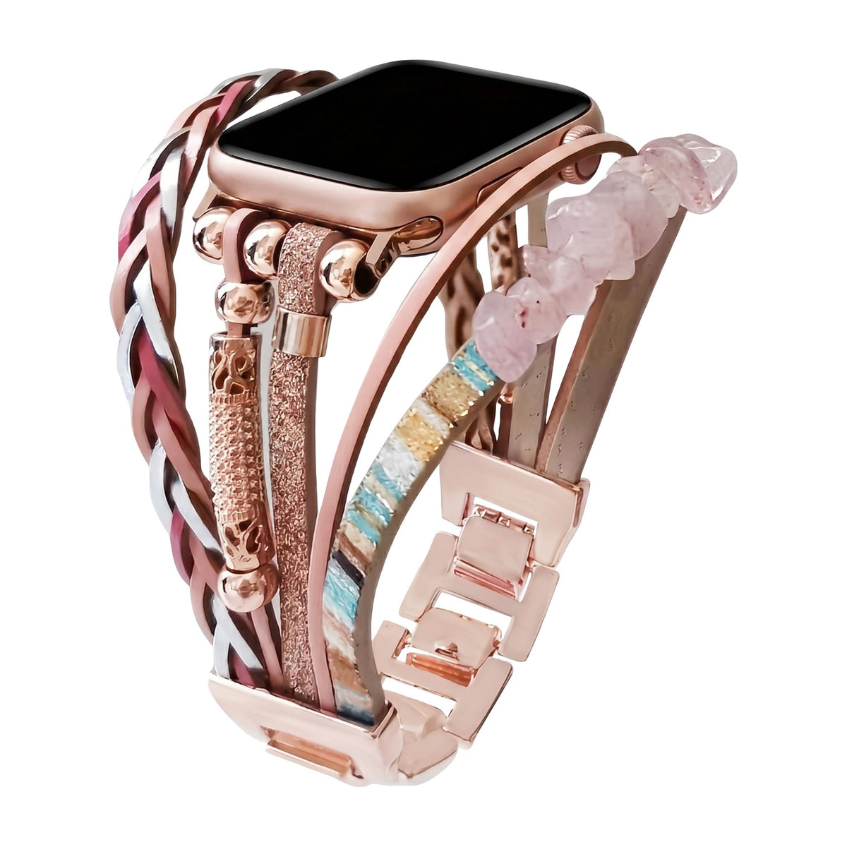 Bracelet multi-rangs pour montre connectée, ornements en pierres concassées, lanières tressées multi-rangs, maillons ajustables sans outil, modèle Treska