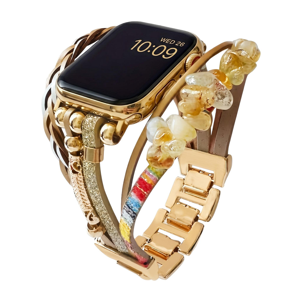 Bracelet multi-rangs pour montre connectée, ornements en pierres concassées, lanières tressées multi-rangs, maillons ajustables sans outil, modèle Treska