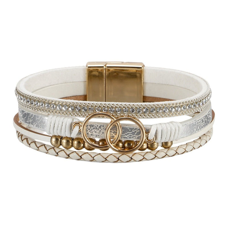 Bracelet multi-rangs blanc simili vegan avec strass, anneaux dorés décoratifs, fermoir magnétique doré, style chic et.