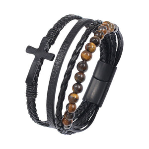 Bracelet multi tours homme en cuir noir et pierre naturelle oeil de tigre, bijou masculin avec croix en acier, modèle Isorme