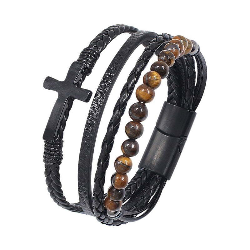 Bracelet multi tours homme en cuir noir et pierre naturelle oeil de tigre, bijou masculin avec croix en acier, modèle Isorme