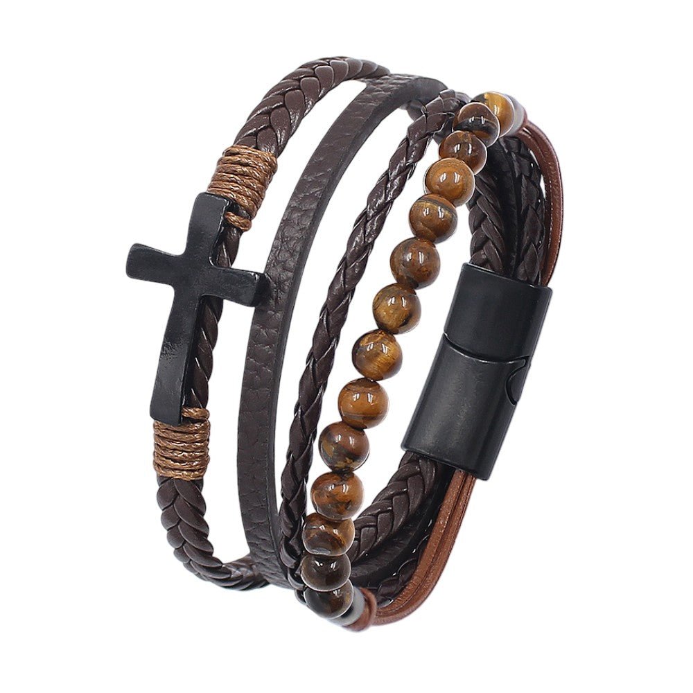 Men’s multi-wrap bracelet in black leather and natural tiger’s eye stone, masculine jewelry with stainless steel cross, Isorme model