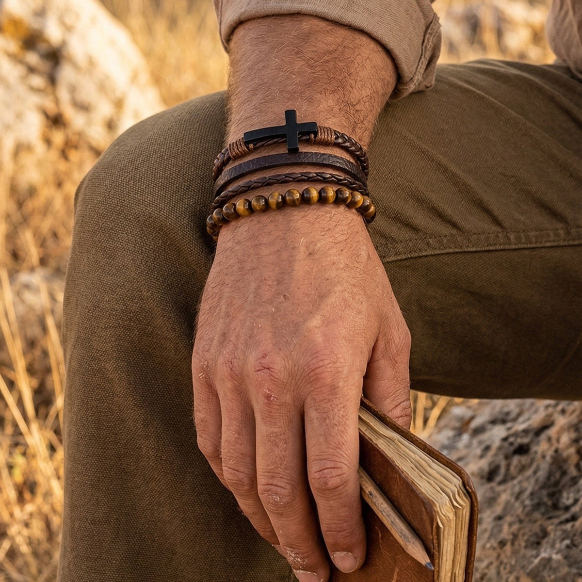 Men’s multi-wrap bracelet in black leather and natural tiger’s eye stone, masculine jewelry with stainless steel cross, Isorme model