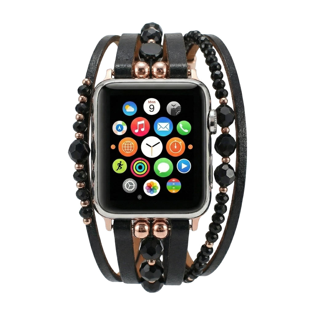 Multi-Strand Bracelet for Apple Watch, Leather Straps, Luminous Beads, Convenient Clip Clasp, Elegant Watch Set, Yika Model