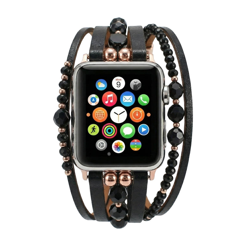 Multi-Strand Bracelet for Apple Watch, Leather Straps, Luminous Beads, Convenient Clip Clasp, Elegant Watch Set, Yika Model
