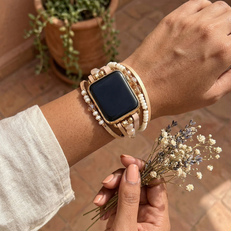 Multi-Strand Bracelet for Apple Watch, Leather Straps, Luminous Beads, Convenient Clip Clasp, Elegant Watch Set, Yika Model