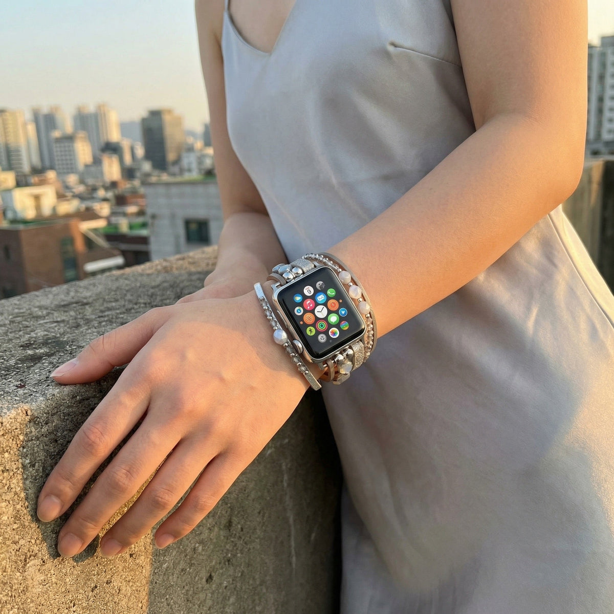 Multi-strand bracelet for Apple Watch, sparkling straps and beads, clip clasp, Yika model