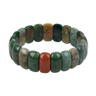 Bracelet élastique en pierres d'agate indienne multicolores, pierres ovales polies aux tons verts, rouges et beiges.