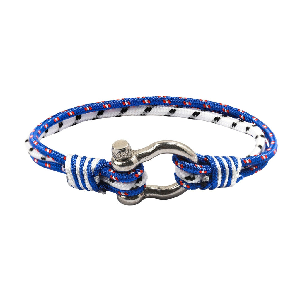 Bracelet nautique triple cordon bleu et blanc avec mousqueton en acier inoxydable style marin.