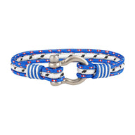 Bracelet nautique triple cordon bleu et blanc en nylon avec mousqueton en acier inoxydable style marin.