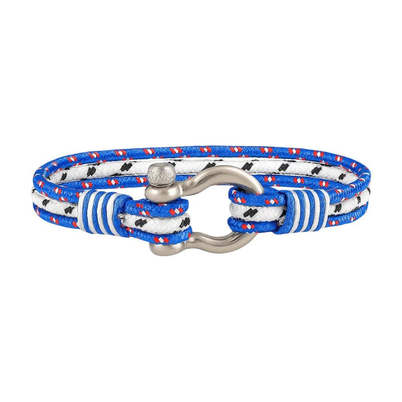 Bracelet nautique triple cordon bleu et blanc en nylon avec mousqueton en acier inoxydable style marin.