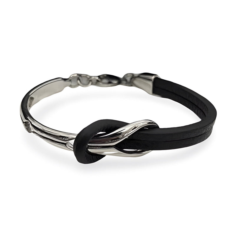 Bracelet homme noir en cuir avec nœud en titane argenté style épuré.