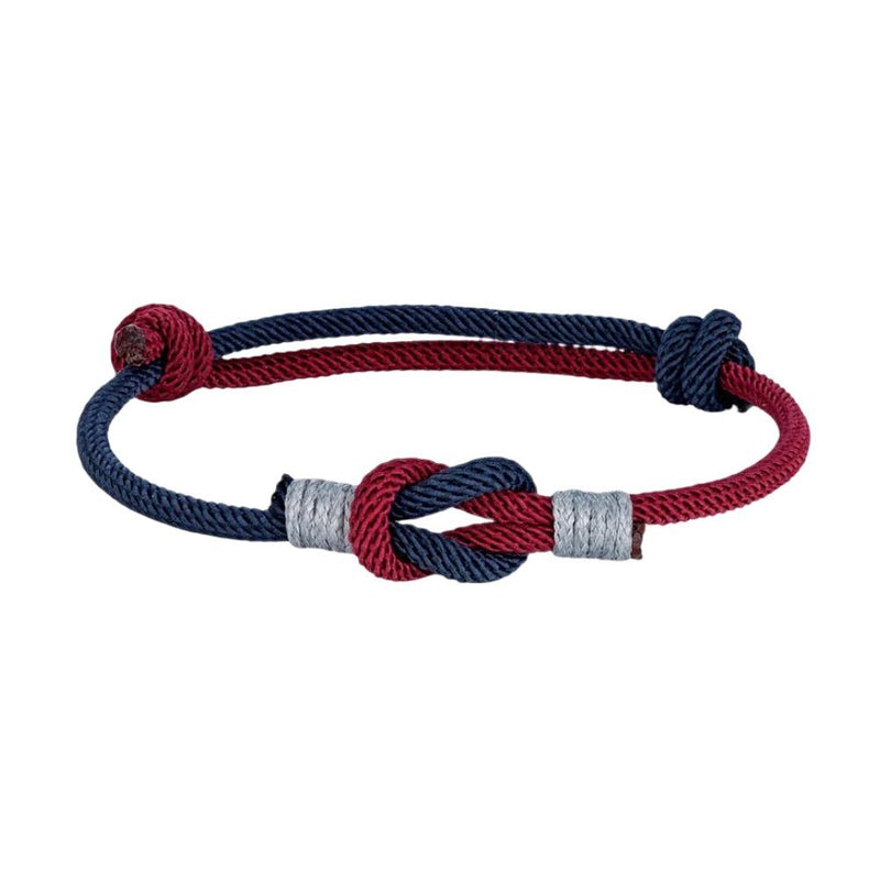 Bracelet nœud marin ajustable en nylon bleu marine et bordeaux avec détails gris clair.