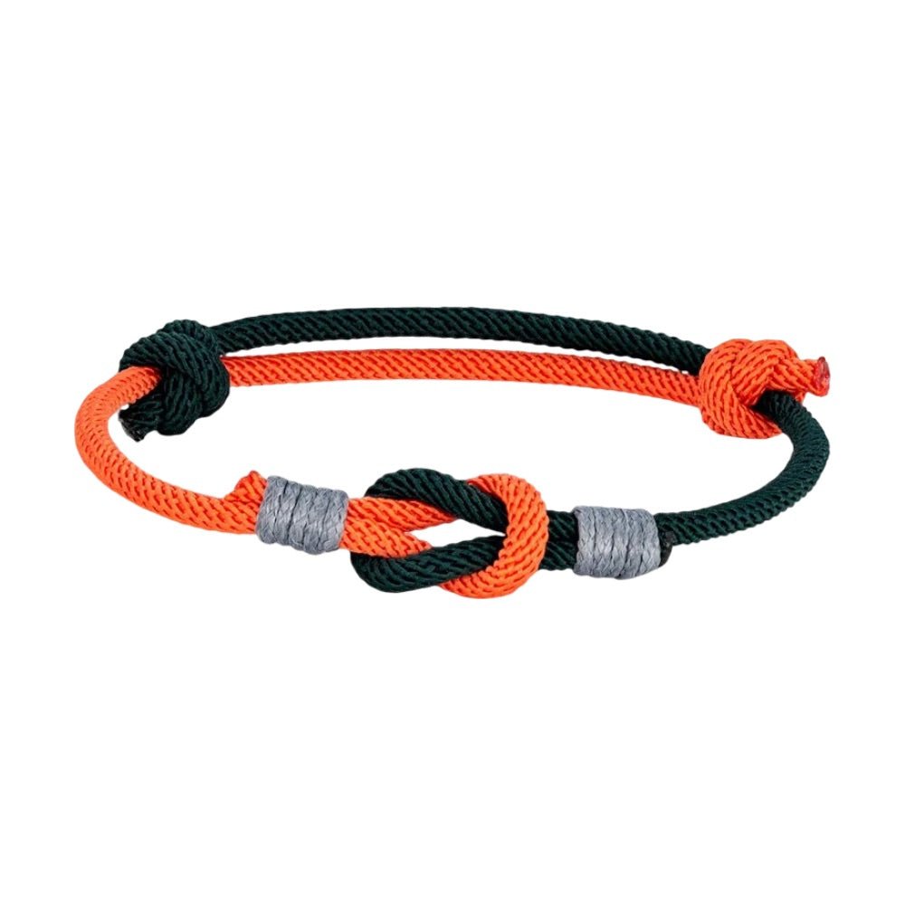 Bracelet nœud marin ajustable en nylon noir et orange avec détails gris, style Linezio.