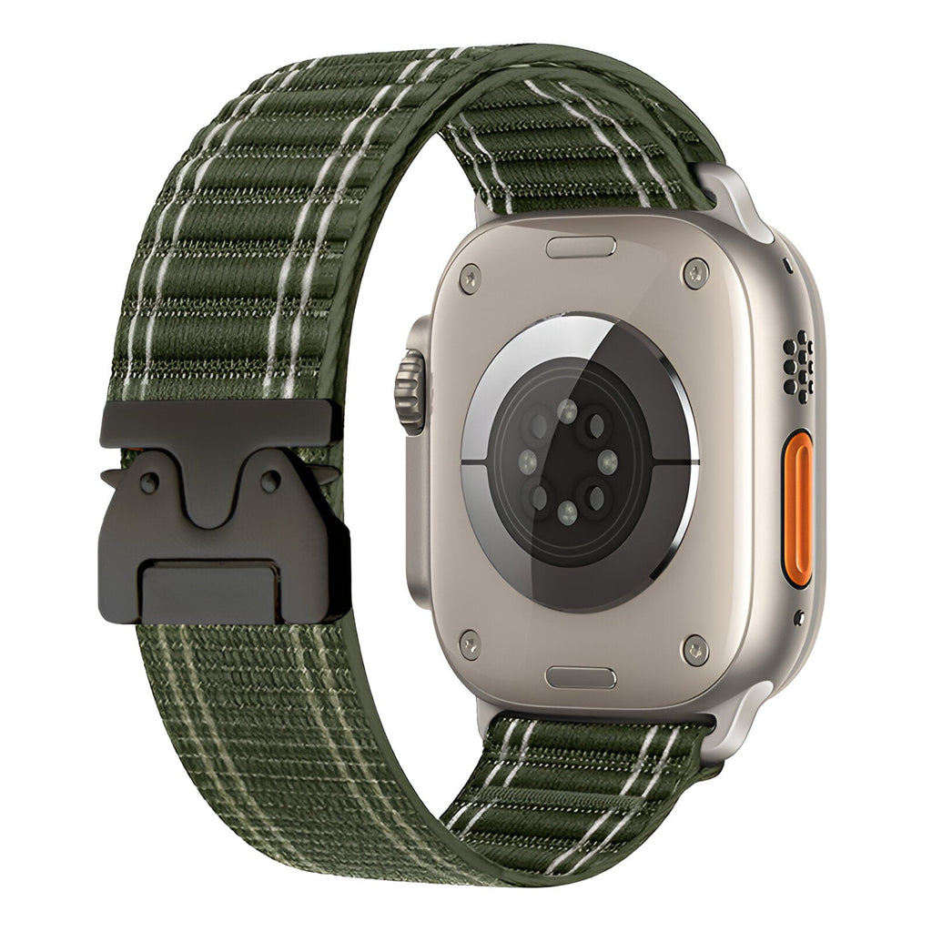 Bracelet nylon vert olive réglable pour Apple Watch avec boucle parachute noire et coutures blanches.