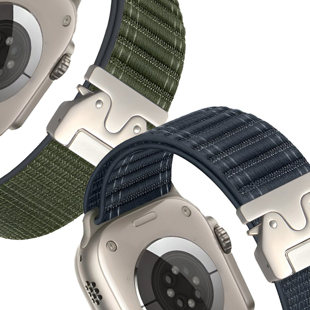 Bracelets nylon réglables bleu marine et vert, boucle parachute argentée, fermoir tactique pour Apple Watch.