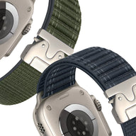 Bracelets nylon réglables bleu marine et vert, boucle parachute argentée, fermoir tactique pour Apple Watch.
