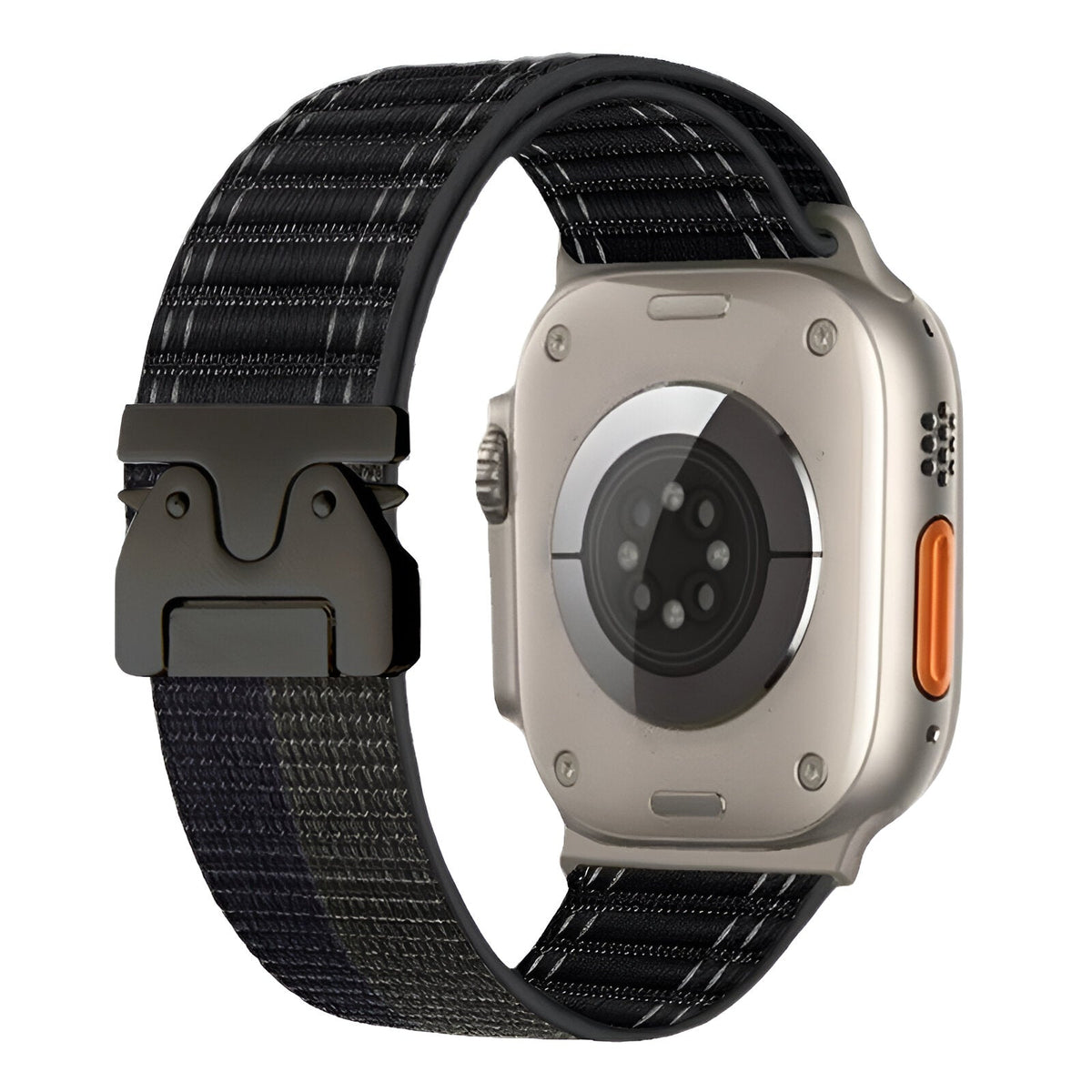 Bracelet nylon noir avec boucle parachute noire et fermoir tactique pour Apple Watch.
