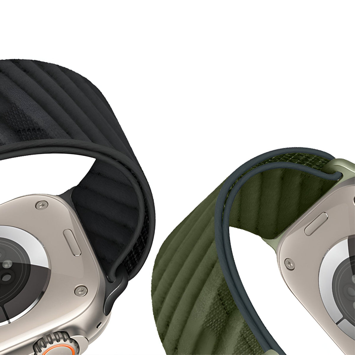 Bracelet nylon vert diagonale pour Apple Watch avec boucle parachute et fermoir tactique acier.