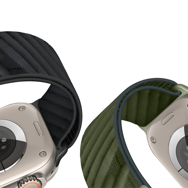 Bracelet nylon vert diagonale pour Apple Watch avec boucle parachute et fermoir tactique acier.