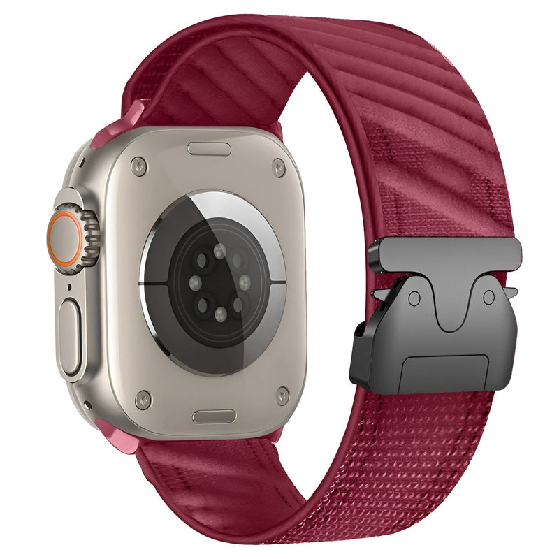 Bracelet nylon sport bordeaux diagonale pour Apple Watch avec boucle parachute et fermoir tactique.