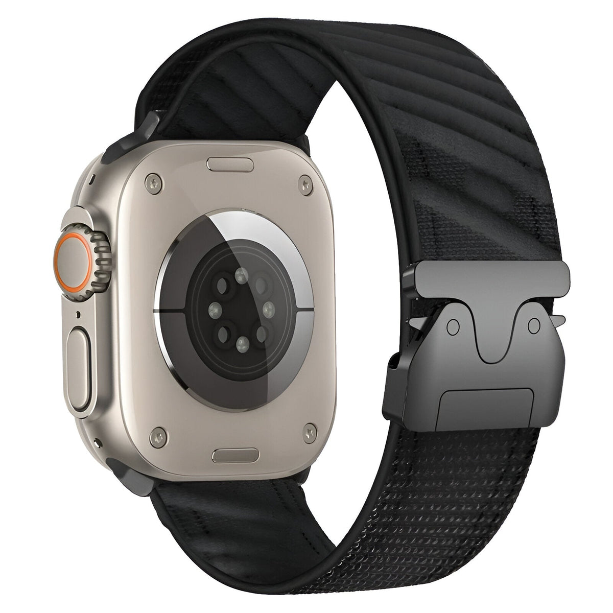 Bracelet nylon noir à motif diagonale pour Apple Watch avec boucle parachute et fermoir tactique.