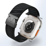 Bracelet nylon sport noir diagonale avec boucle parachute et fermoir tactique pour Apple Watch.