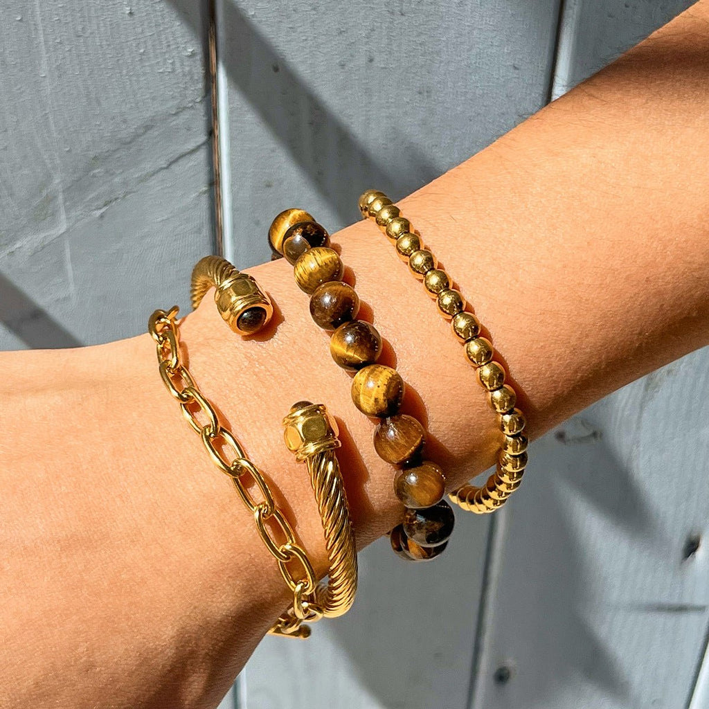 Bracelet œil de tigre, pierre naturelle élastique, et cristaux, modèle Talena - La Boutique du Bracelet