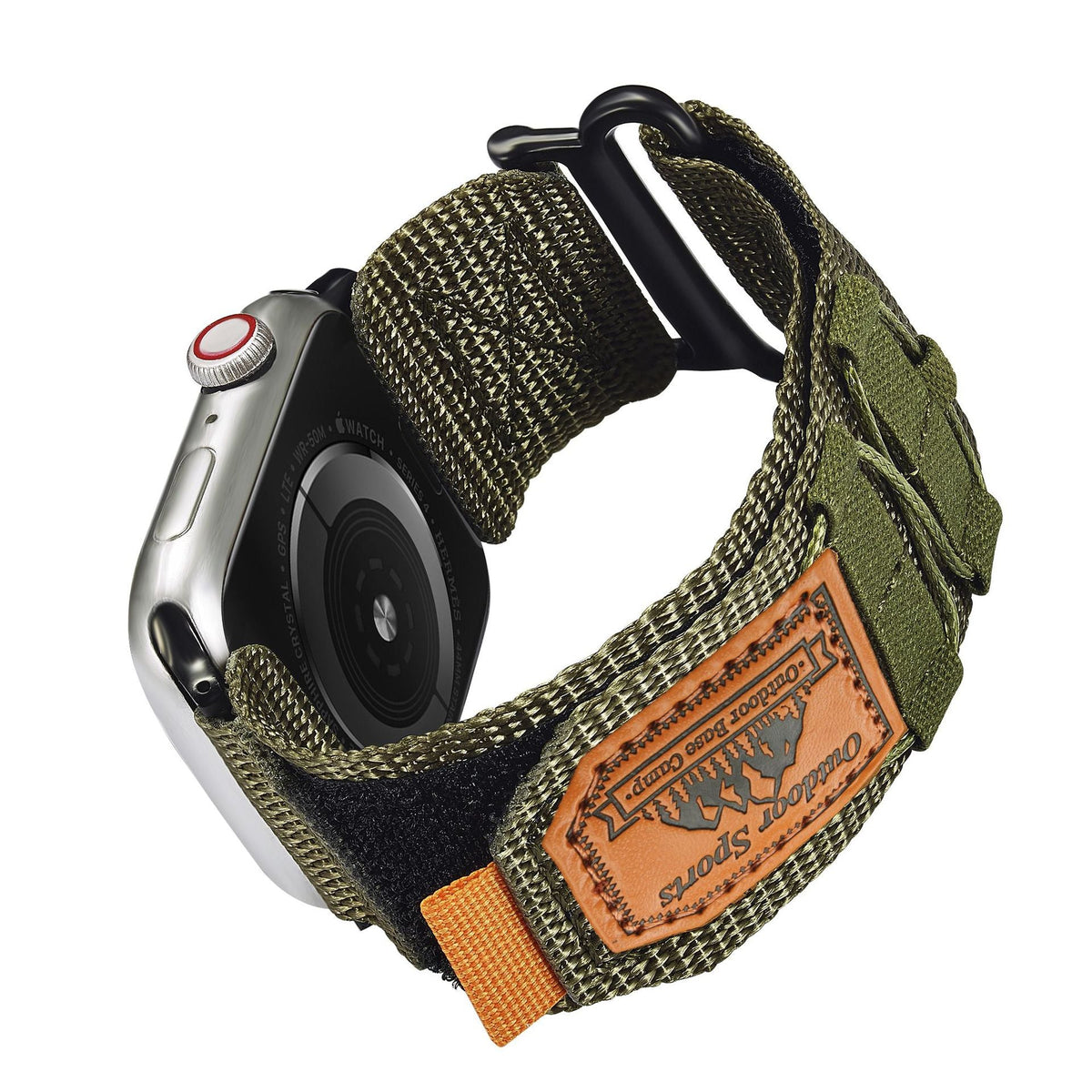 Bracelet nylon kaki outdoor sport à velcro pour Apple Watch avec patch cuir et boucle noire.