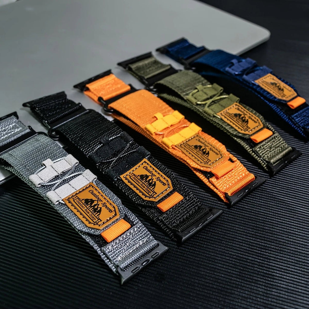 Bracelets nylon tactiques Outdoor Sport Edition pour Apple Watch, velcro ajustable, couleurs variées (gris, noir, orange,.