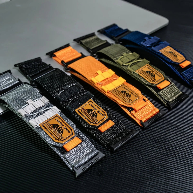 Bracelets nylon tactiques Outdoor Sport Edition pour Apple Watch, velcro ajustable, couleurs variées (gris, noir, orange,.