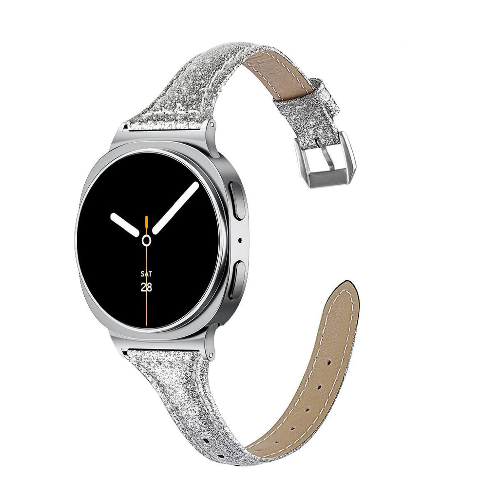Bracelet pailleté argenté en cuir souple avec boucle métal pour Galaxy Watch 8, style élégant et féminin.