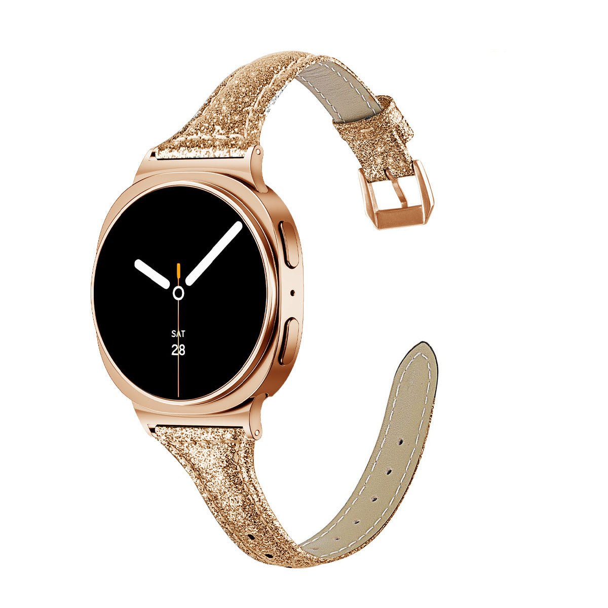 Bracelet en cuir souple doré pailleté avec boucle métallique pour Galaxy Watch 8, design élégant et confortable.