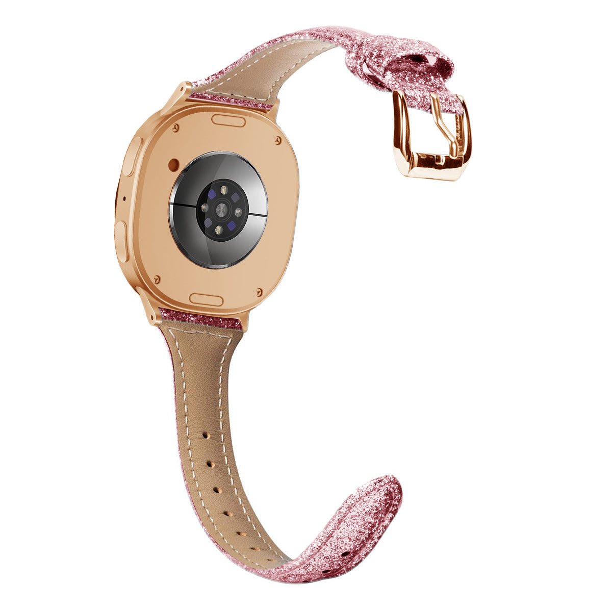 Bracelet pailleté rose en cuir souple avec boucle métal dorée pour Galaxy Watch 8, style féminin et élégant.