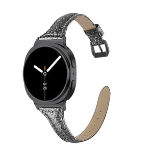 Bracelet pailleté noir en cuir souple avec boucle métallique pour Galaxy Watch 8, style élégant et scintillant.