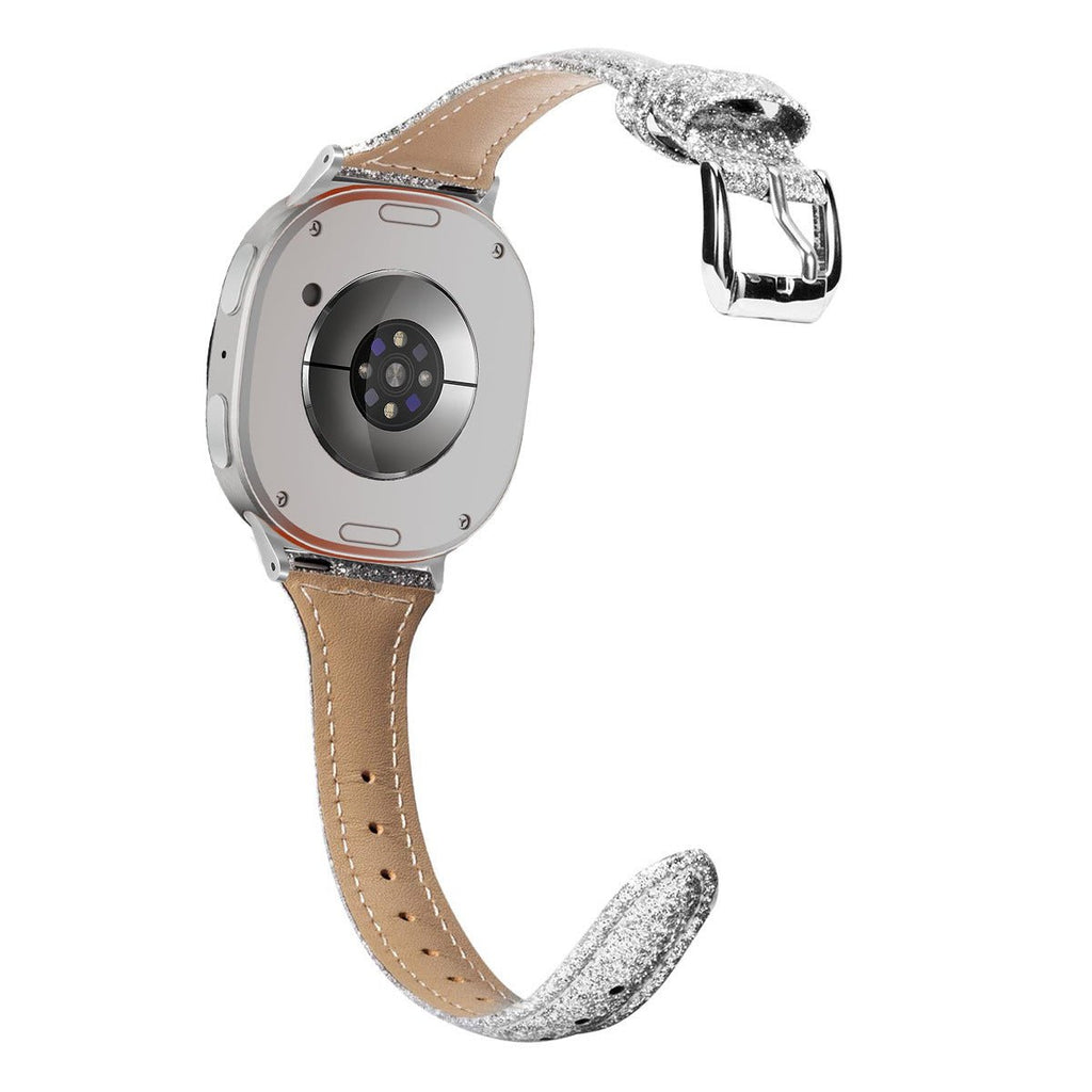 Bracelet en cuir beige souple avec boucle en métal argenté pailleté pour Galaxy Watch 8.