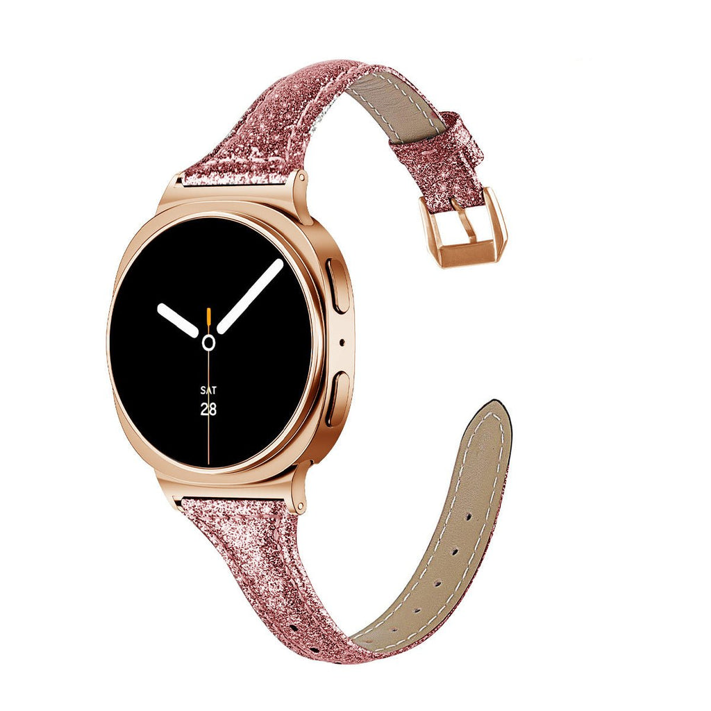 Bracelet rose pailleté en cuir souple avec boucle métallique rose doré pour Galaxy Watch 8.