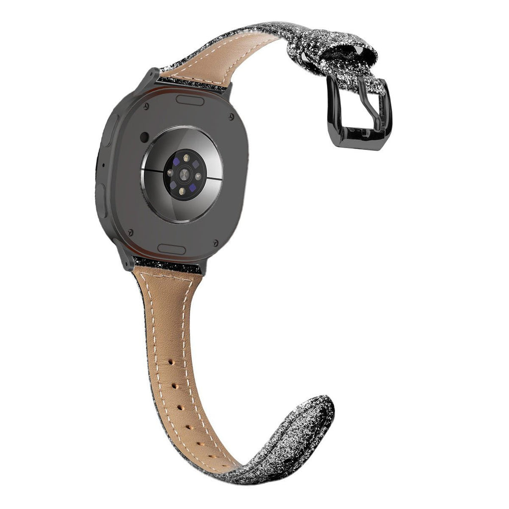Bracelet pailleté noir et argent pour Galaxy Watch 8, cuir souple beige, boucle métal noire élégante.